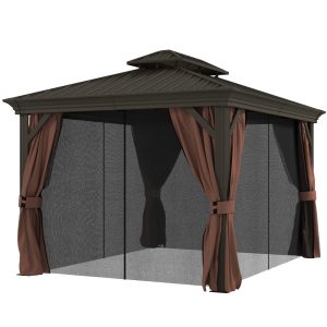 Outsunny 10' x 12' Outdoor Hardtop Gazebo with Galvanized Canopy & Netting Sidewalls for Lawn, Backyard, Dark Brown - Image 2