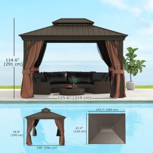 Outsunny 10' x 12' Outdoor Hardtop Gazebo with Galvanized Canopy & Netting Sidewalls for Lawn, Backyard, Dark Brown - Image 3