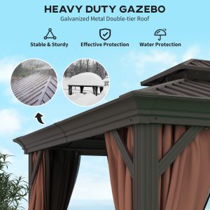 Outsunny 10' x 12' Outdoor Hardtop Gazebo with Galvanized Canopy & Netting Sidewalls for Lawn, Backyard, Dark Brown - Image 4