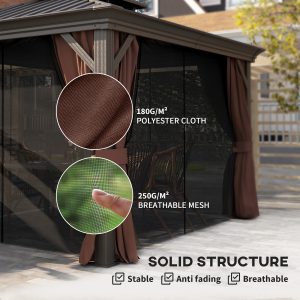 Outsunny 10' x 12' Outdoor Hardtop Gazebo with Galvanized Canopy & Netting Sidewalls for Lawn, Backyard, Dark Brown - Image 5