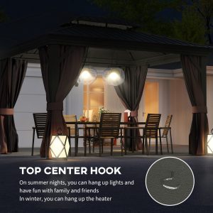Outsunny 10' x 12' Outdoor Hardtop Gazebo with Galvanized Canopy & Netting Sidewalls for Lawn, Backyard, Dark Brown - Image 6