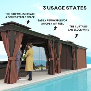 Outsunny 10' x 12' Outdoor Hardtop Gazebo with Galvanized Canopy & Netting Sidewalls for Lawn, Backyard, Dark Brown - Image 8