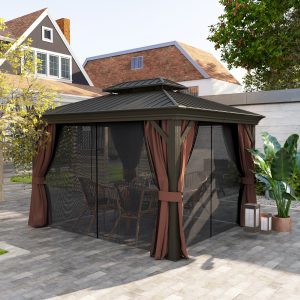 Outsunny 10' x 12' Outdoor Hardtop Gazebo with Galvanized Canopy & Netting Sidewalls for Lawn, Backyard, Dark Brown - Image 9