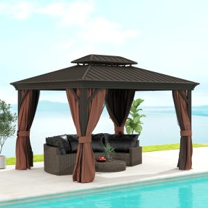 Outsunny 10' x 12' Outdoor Hardtop Gazebo with Galvanized Canopy & Netting Sidewalls for Lawn, Backyard, Dark Brown - Image 10