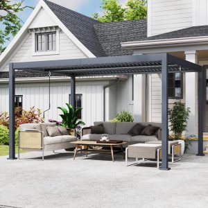 Outsunny 10' x 13' Louvered Pergola with Adjustable Metal Roof and Aluminum Frame, Outdoor Hardtop Gazebo with Drainage System - Image 1