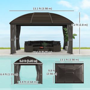 Outsunny 10x13 Hardtop Gazebo Aluminum Outdoor Canopy with Mesh Nettings Curtains Dark Grey - Image 3