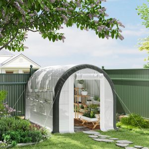 Outsunny 10'x6.6'x6.6' Upgraded Tunnel Greenhouse Green House with Mesh Door and Windows, 6 Plant Labels and Gloves, White - Image 1
