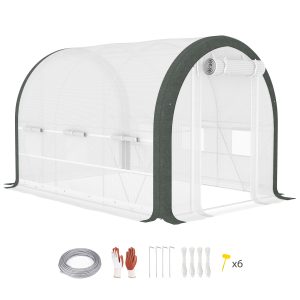 Outsunny 10'x6.6'x6.6' Upgraded Tunnel Greenhouse Green House with Mesh Door and Windows, 6 Plant Labels and Gloves, White - Image 11