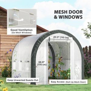 Outsunny 10'x6.6'x6.6' Upgraded Tunnel Greenhouse Green House with Mesh Door and Windows, 6 Plant Labels and Gloves, White - Image 4