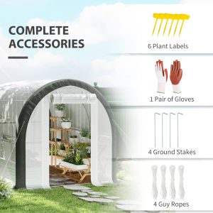 Outsunny 10'x6.6'x6.6' Upgraded Tunnel Greenhouse Green House with Mesh Door and Windows, 6 Plant Labels and Gloves, White - Image 9