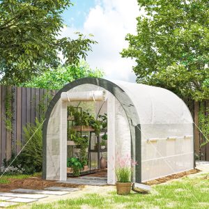 Outsunny 10'x6.6'x6.6' Upgraded Tunnel Greenhouse Green House with Mesh Door and Windows, 6 Plant Labels and Gloves, White - Image 10