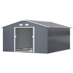 Outsunny 11.2ft x 12.5ft Practical Backyard Garden Storage Tool Shed 4 Ventilation Slots Double Sliding Door, Grey - Image 11