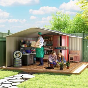 Outsunny 11.2ft x 12.5ft Practical Backyard Garden Storage Tool Shed 4 Ventilation Slots Double Sliding Door, Grey - Image 22
