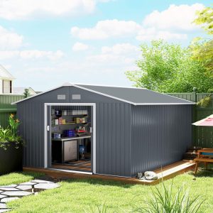 Outsunny 11.2ft x 12.5ft Practical Backyard Garden Storage Tool Shed 4 Ventilation Slots Double Sliding Door, Grey - Image 17
