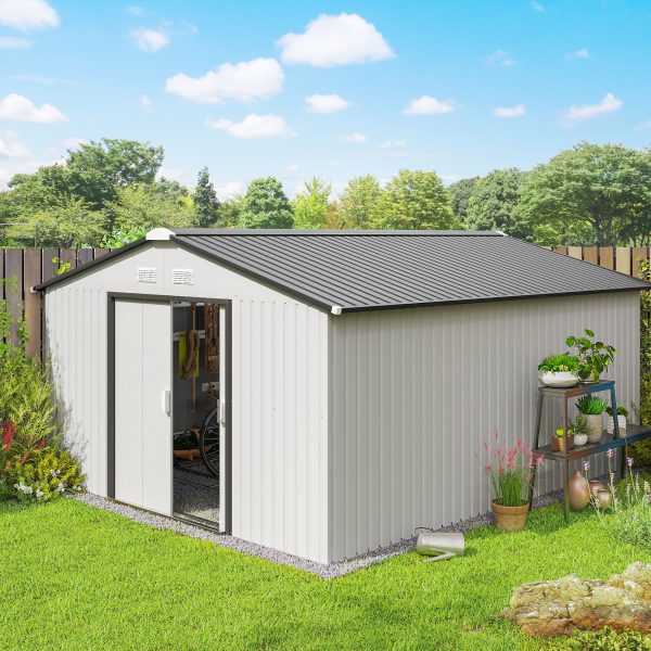 Outsunny 11' x 13' Garden Storage Shed w/ Foundation Kit Metal Tool Storage House w/ Double Doors White - Image 1