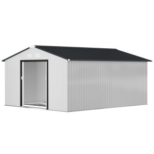 Outsunny 11' x 13' Garden Storage Shed w/ Foundation Kit Metal Tool Storage House w/ Double Doors White - Image 10