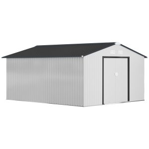 Outsunny 11' x 13' Garden Storage Shed w/ Foundation Kit Metal Tool Storage House w/ Double Doors White - Image 19
