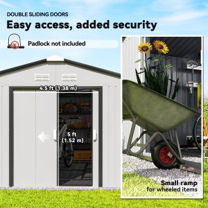 Outsunny 11' x 13' Garden Storage Shed w/ Foundation Kit Metal Tool Storage House w/ Double Doors White - Image 13