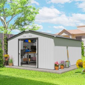 Outsunny 11' x 13' Garden Storage Shed w/ Foundation Kit Metal Tool Storage House w/ Double Doors White - Image 16