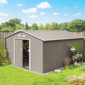 Outsunny 11' x 13' Practical Backyard Garden Storage Tool Shed Double Sliding Door 4 Ventilation Slots, Light Grey - Image 1