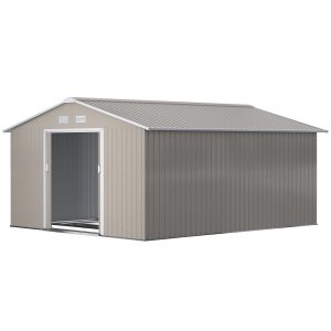 Outsunny 11' x 13' Practical Backyard Garden Storage Tool Shed Double Sliding Door 4 Ventilation Slots, Light Grey - Image 2