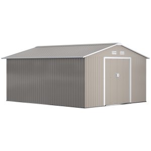 Outsunny 11' x 13' Practical Backyard Garden Storage Tool Shed Double Sliding Door 4 Ventilation Slots, Light Grey - Image 11