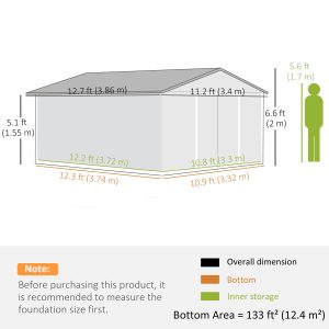 Outsunny 11' x 13' Practical Backyard Garden Storage Tool Shed Double Sliding Door 4 Ventilation Slots, Light Grey - Image 3