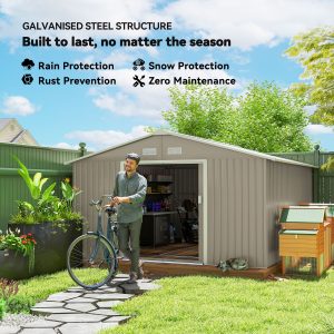 Outsunny 11' x 13' Practical Backyard Garden Storage Tool Shed Double Sliding Door 4 Ventilation Slots, Light Grey - Image 4