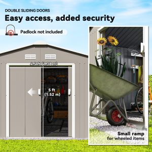 Outsunny 11' x 13' Practical Backyard Garden Storage Tool Shed Double Sliding Door 4 Ventilation Slots, Light Grey - Image 5