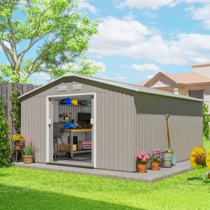 Outsunny 11' x 13' Practical Backyard Garden Storage Tool Shed Double Sliding Door 4 Ventilation Slots, Light Grey - Image 8