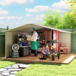 Outsunny 11' x 13' Practical Backyard Garden Storage Tool Shed Double Sliding Door 4 Ventilation Slots, Light Grey - Image 10