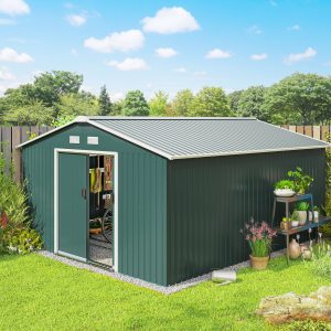 Outsunny 11' x 13' Practical Backyard Garden Storage Tool Shed with Double Sliding Door Garden Tool Shed with 4 Ventilation Slots, Green - Image 1