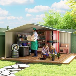 Outsunny 11' x 13' Practical Backyard Garden Storage Tool Shed with Double Sliding Door Garden Tool Shed with 4 Ventilation Slots, Green - Image 11