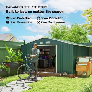 Outsunny 11' x 13' Practical Backyard Garden Storage Tool Shed with Double Sliding Door Garden Tool Shed with 4 Ventilation Slots, Green - Image 4