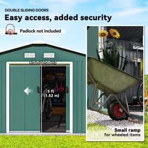 Outsunny 11' x 13' Practical Backyard Garden Storage Tool Shed with Double Sliding Door Garden Tool Shed with 4 Ventilation Slots, Green - Image 5