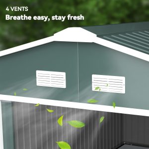 Outsunny 11' x 13' Practical Backyard Garden Storage Tool Shed with Double Sliding Door Garden Tool Shed with 4 Ventilation Slots, Green - Image 8