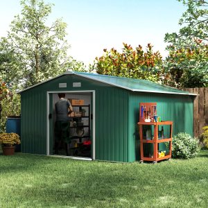 Outsunny 11' x 13' Practical Backyard Garden Storage Tool Shed with Double Sliding Door Garden Tool Shed with 4 Ventilation Slots, Green - Image 9