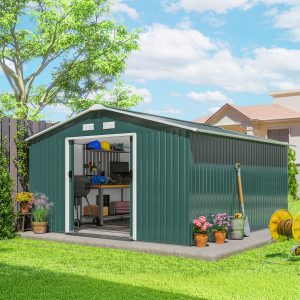 Outsunny 11' x 13' Practical Backyard Garden Storage Tool Shed with Double Sliding Door Garden Tool Shed with 4 Ventilation Slots, Green - Image 10