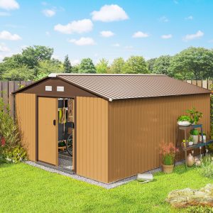 Outsunny 11' x 13'Garden Storage Shed w/ Foundation Kit Metal Tool Storage House w/ Double Doors Yellow - Image 1
