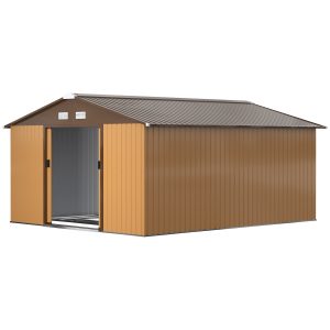 Outsunny 11' x 13'Garden Storage Shed w/ Foundation Kit Metal Tool Storage House w/ Double Doors Yellow - Image 2
