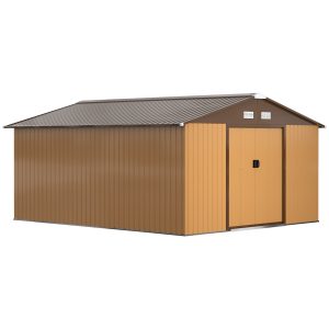 Outsunny 11' x 13'Garden Storage Shed w/ Foundation Kit Metal Tool Storage House w/ Double Doors Yellow - Image 12