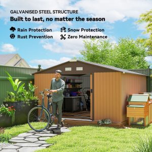 Outsunny 11' x 13'Garden Storage Shed w/ Foundation Kit Metal Tool Storage House w/ Double Doors Yellow - Image 4