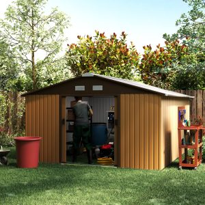 Outsunny 11' x 13'Garden Storage Shed w/ Foundation Kit Metal Tool Storage House w/ Double Doors Yellow - Image 8