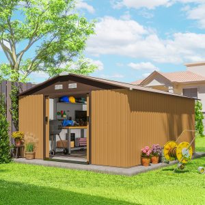 Outsunny 11' x 13'Garden Storage Shed w/ Foundation Kit Metal Tool Storage House w/ Double Doors Yellow - Image 9