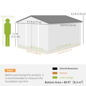 Outsunny 11' x 9' Metal Storage Shed Garden Tool House with Double Sliding Doors, 4 Air Vents for Backyard, Patio, Lawn Dark Grey - Image 3