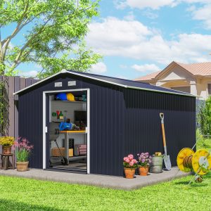 Outsunny 11' x 9' Metal Storage Shed Garden Tool House with Double Sliding Doors, 4 Air Vents for Backyard, Patio, Lawn Dark Grey - Image 8