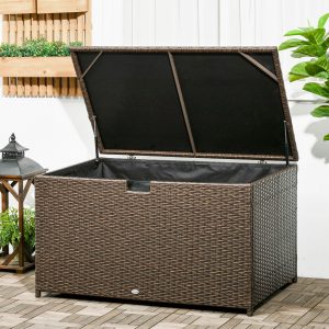 Outsunny 113 Gallon Outdoor Storage Box, Rattan Deck Box for Indoor, Patio Furniture Cushions, Brown - Image 1