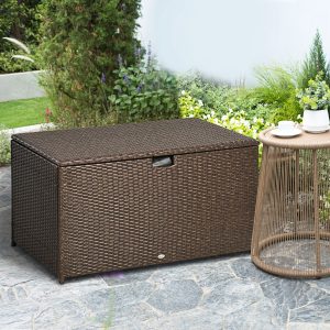 Outsunny 113 Gallon Outdoor Storage Box, Rattan Deck Box for Indoor, Patio Furniture Cushions, Brown - Image 8