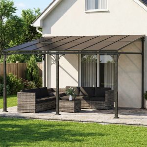 Outsunny 13' x 10' Lean to Gazebo, Hardtop Wall Mounted Outdoor Pergola with Polycarbonate Roof and Metal-Aluminium Frame - Image 1