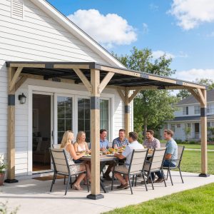 Outsunny 14' x 10' Gazebo, Lean to Galvanized Steel Hardtop Gazebo Pergola with Wood Frame, Patio Gazebo Awning, Dark Grey - Image 1